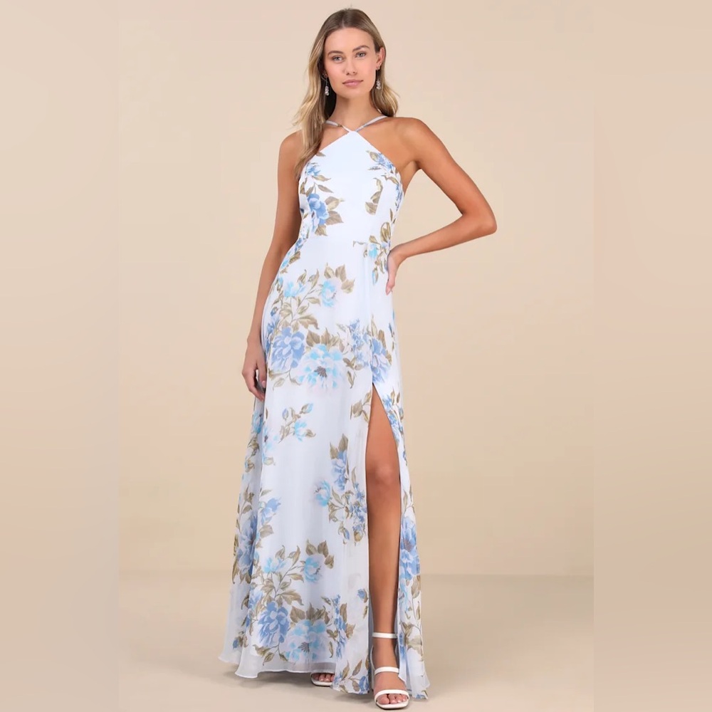 Lulu's Blue and Cream Floral Maxi Dress